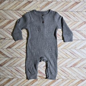 Baby Boy Girl Ribbed Gray Long Sleeve Front Button Jumpsuit Cotton One Piece